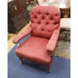 A Victorian oak upholstered open armchair, width 74cm, depth 84cm, height 98cm