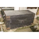 A Victorian painted pine, iron-bound trunk with rope handles, length 100cm, depth 45cm, height 48cm