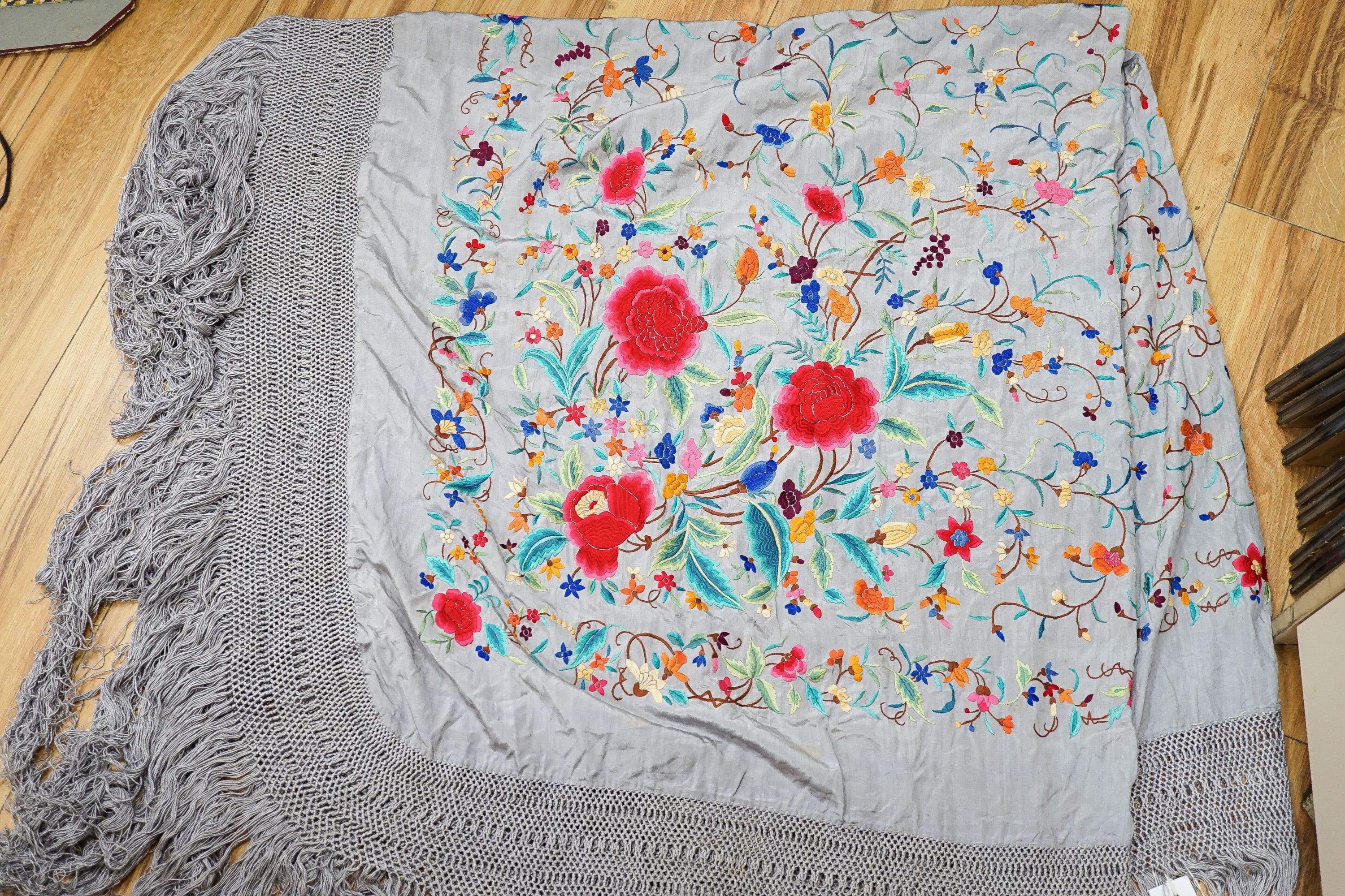 A large 19th century grey embroidered polychrome silk shawl 163x153cm - Image 5 of 5
