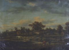 19th century Flemish School, oil on canvas, faggot gatherers and sheep in a landscape,