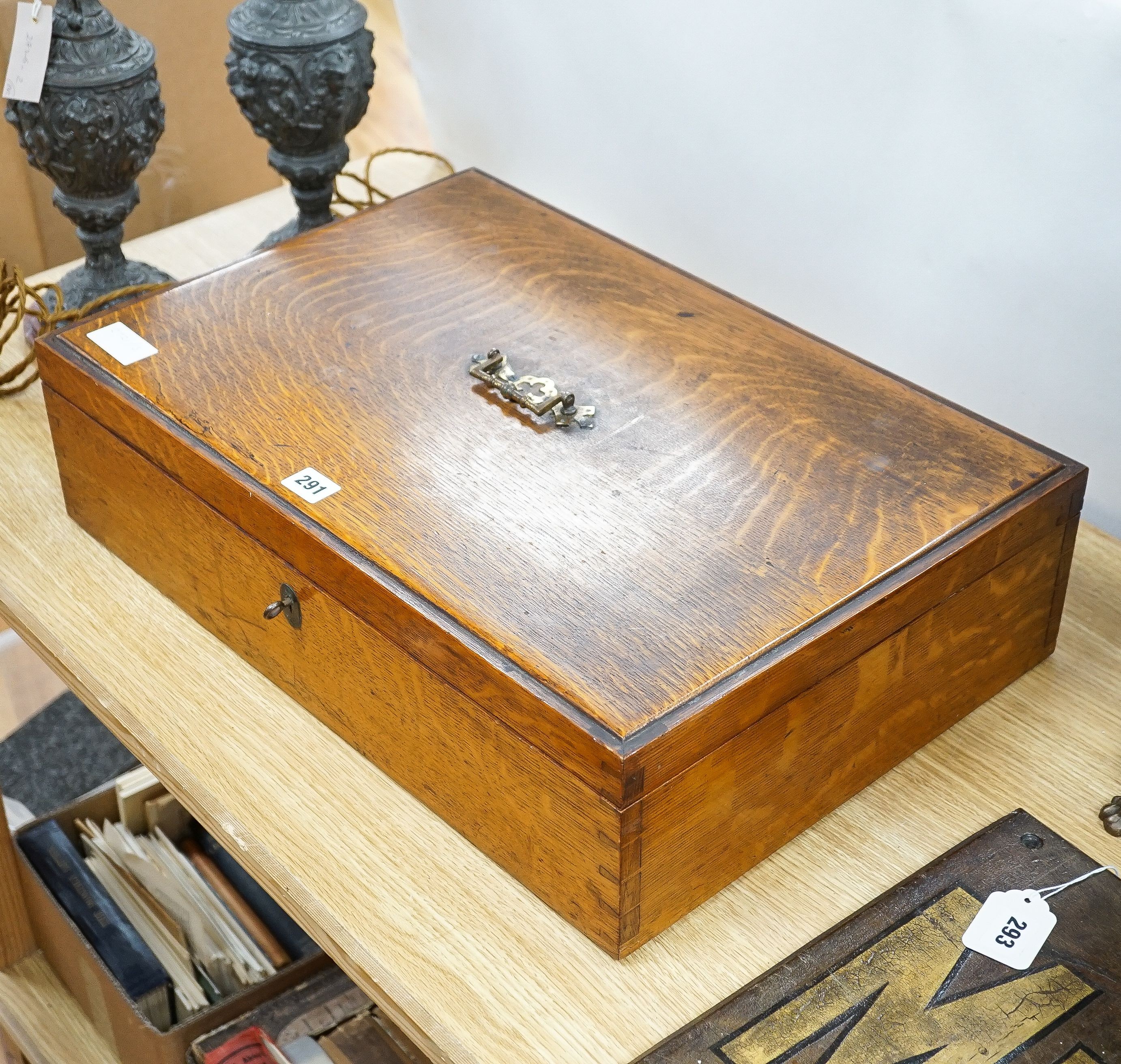A large oak canteen box, early 20th century, locked and key doesn’t work, no contents. 57cm - Image 4 of 4
