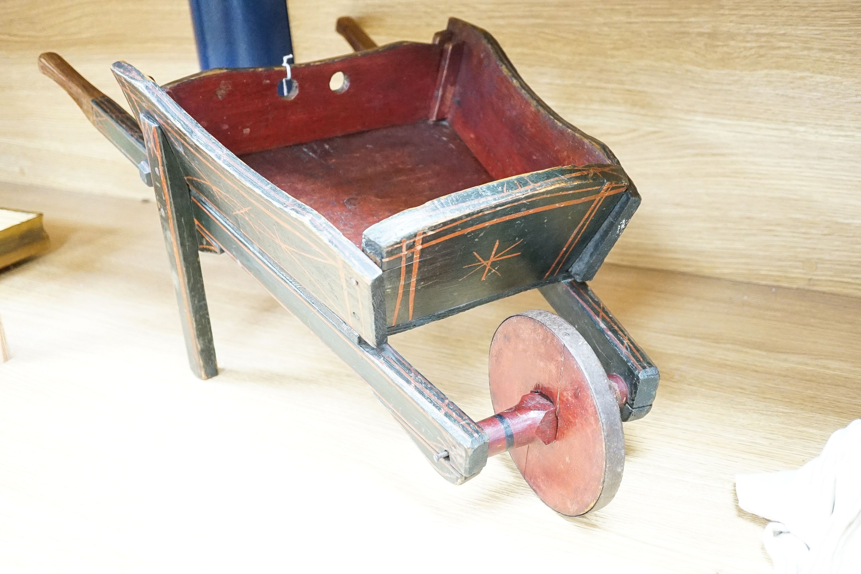 Miniature painted wood wheel barrel, 74cm long - Image 2 of 3