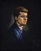 Espinoza, painted velvet, Portrait of President Kennedy, signed, 82 x 67cm