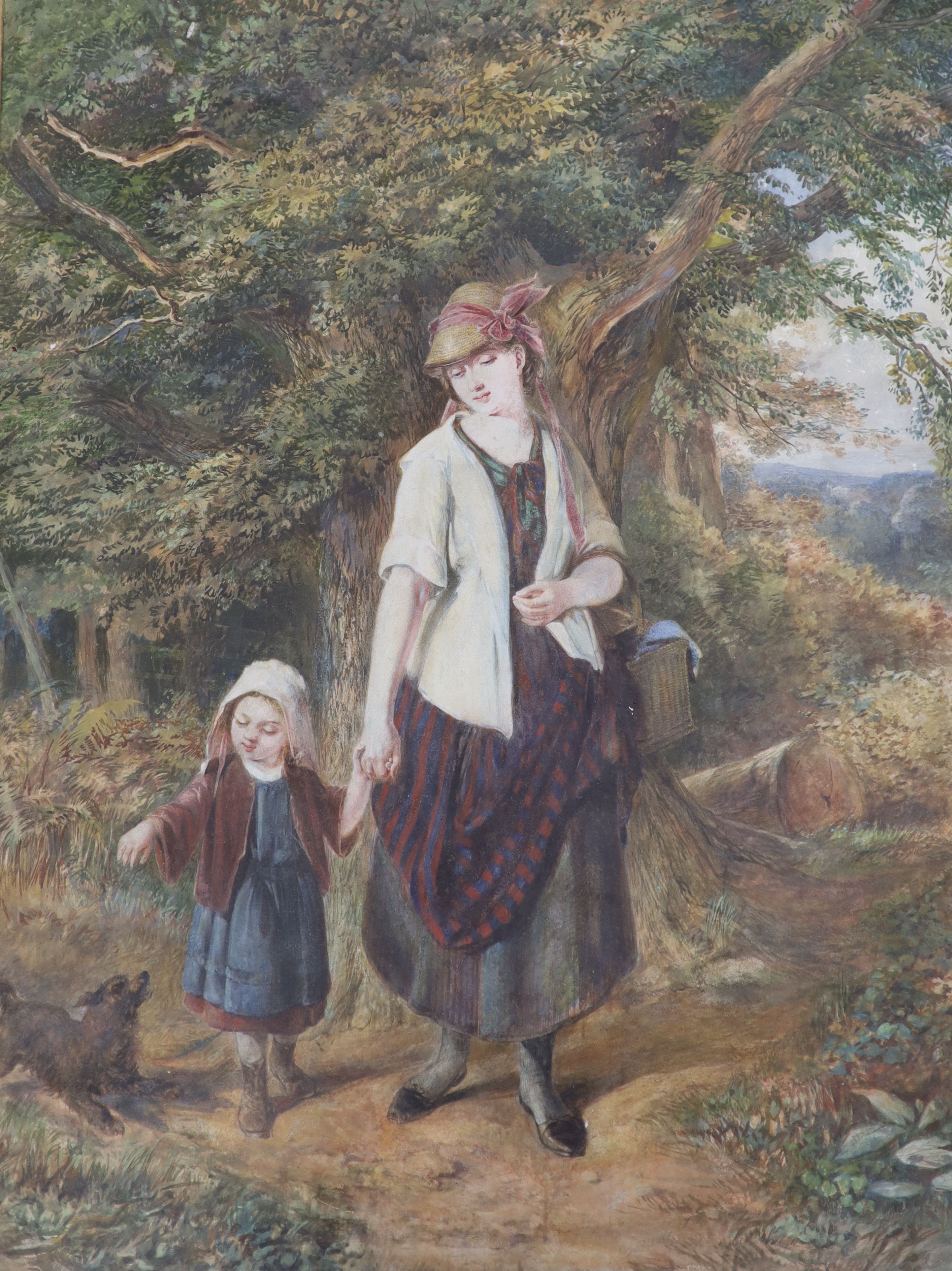 Victorian School, watercolour, Mother and child on a lane, indistinctly signed 66 x 48 cm, and an - Image 2 of 3