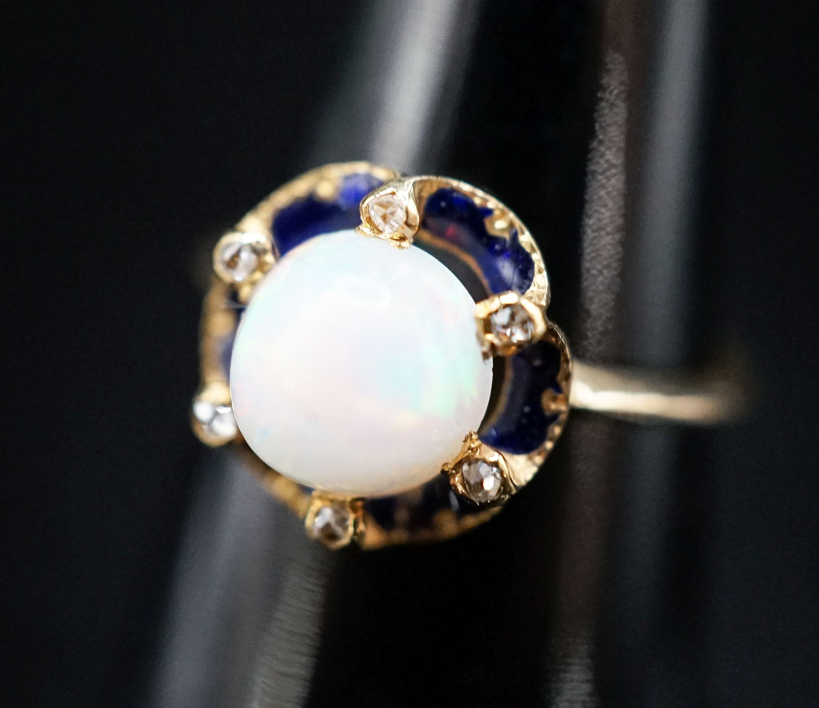 An 18ct, blue enamel, diamond chip and opal set dress ring, size R, gross weight 4.3 grams. - Image 2 of 6