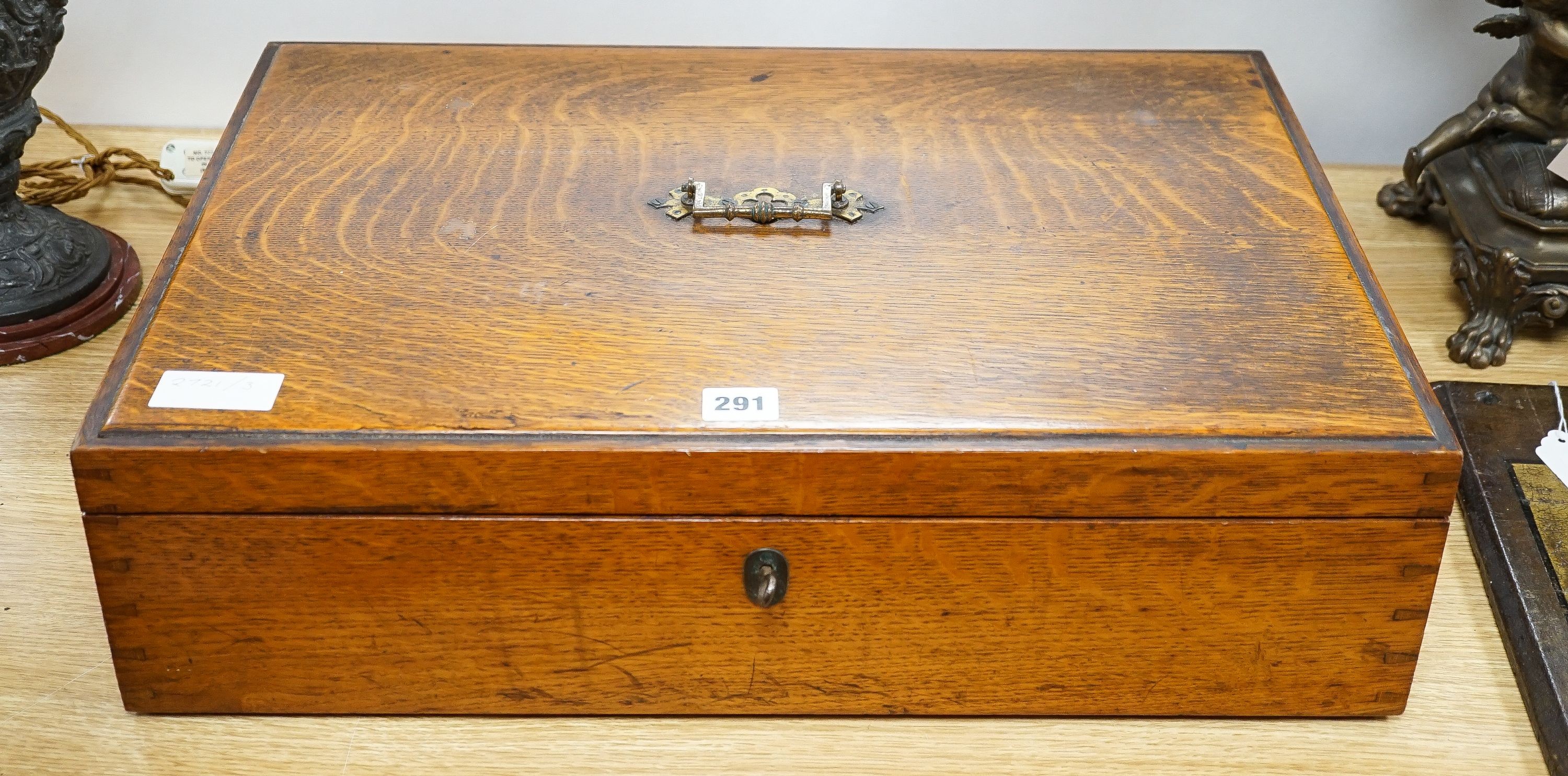A large oak canteen box, early 20th century, locked and key doesn’t work, no contents. 57cm - Image 2 of 4