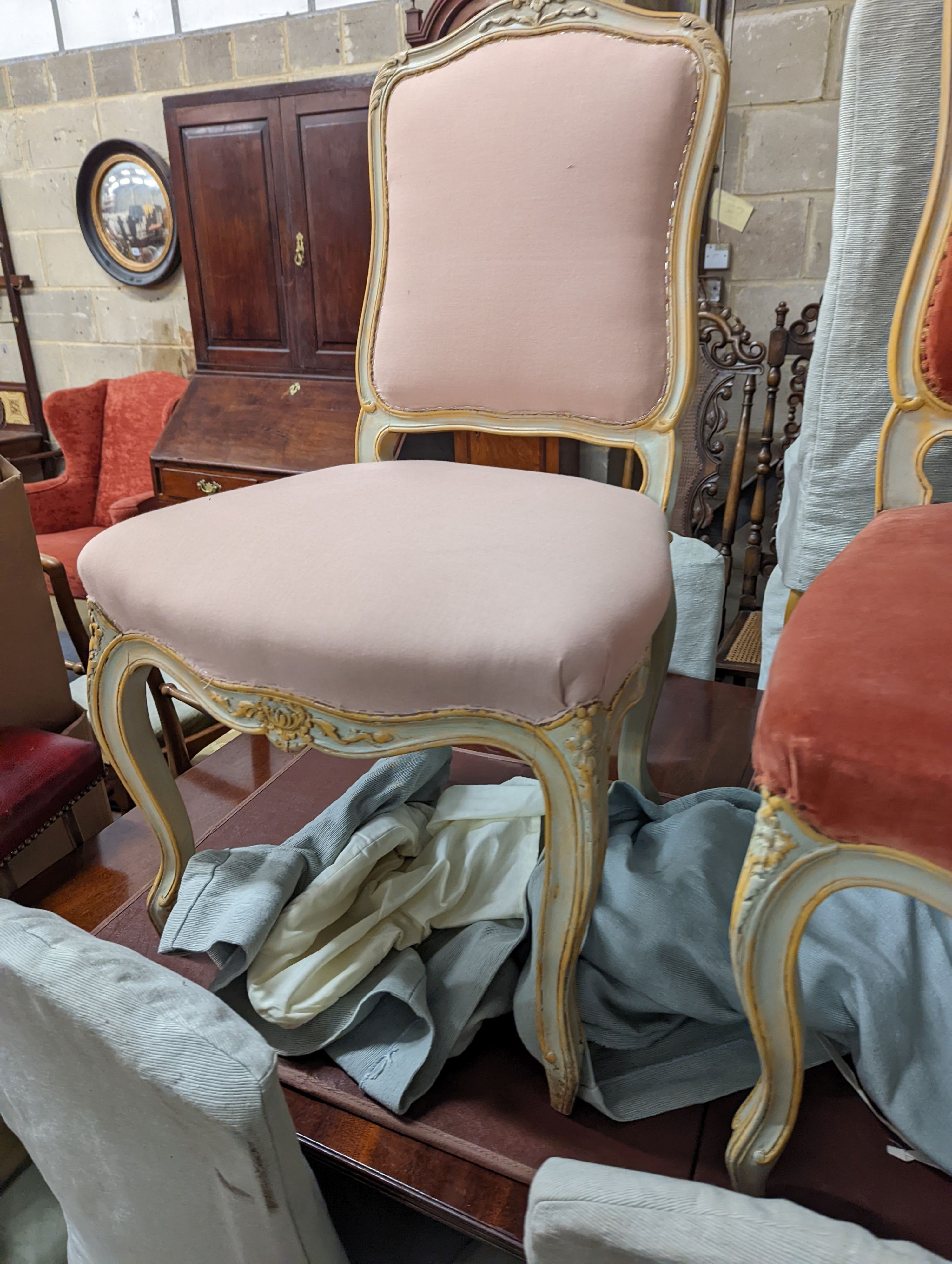 A set of fourteen French Louis XV style painted upholstered dining chairs with loose covers - Image 5 of 9
