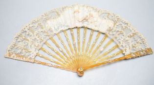 A faux tortoiseshell and needle lace hand painted fan, in original box, width 35cm