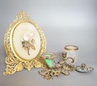 An ormolu and hardstone mounted easel double photo frame, a glass and brass chamberstick, a Venice