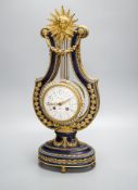 A Louis XV style ormolu mounted blue glazed porcelain lyre-shaped mantel clock (AF) 49cm, paste