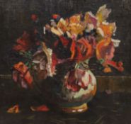 English school circa 1920, oil on canvas laid on board, Still life of roses in a vase, 37 x 38 cm