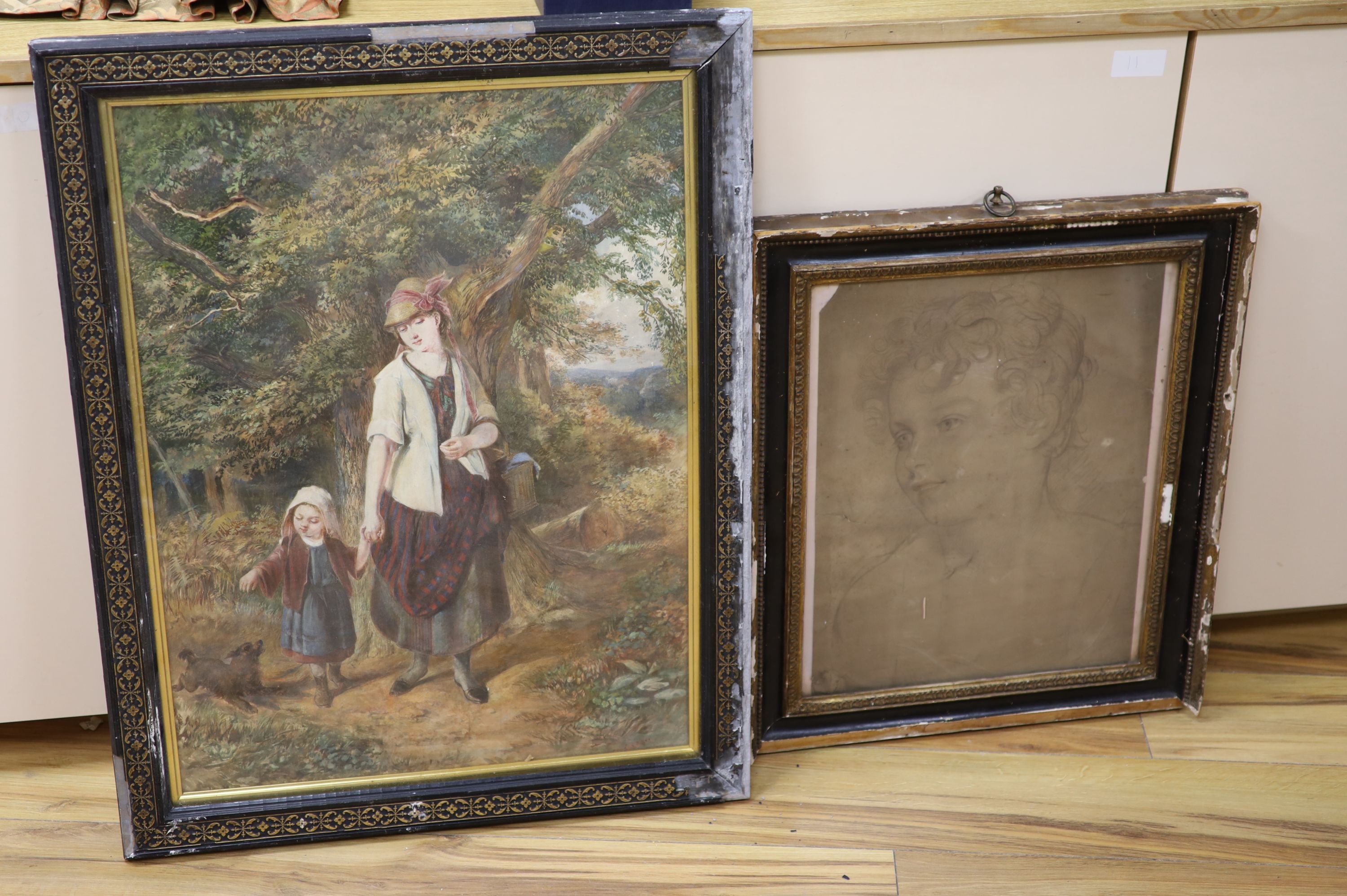 Victorian School, watercolour, Mother and child on a lane, indistinctly signed 66 x 48 cm, and an