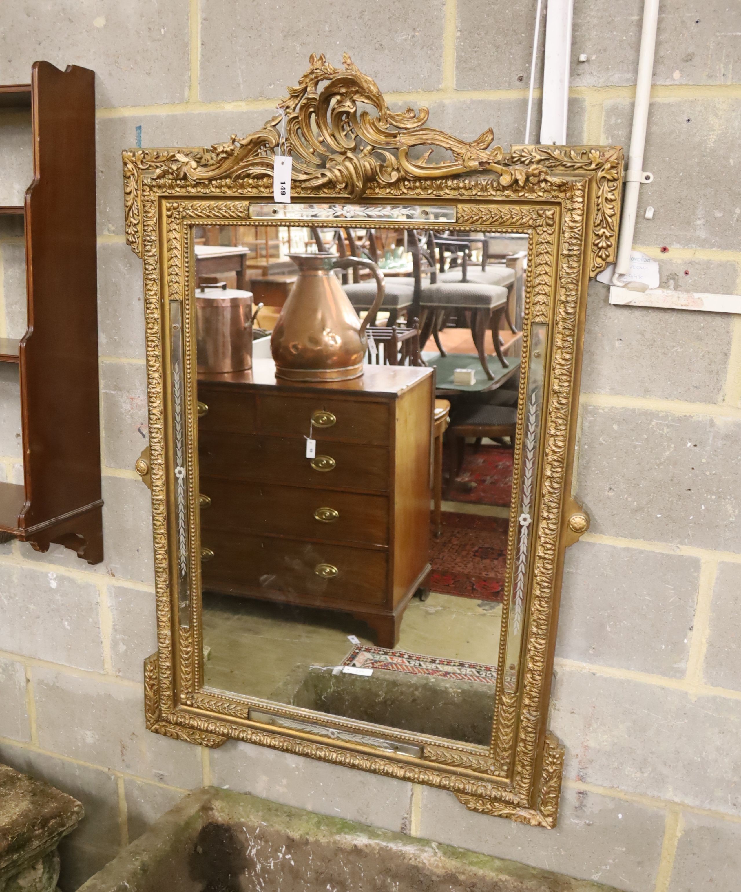 A late 19th century French giltwood and gesso mirror with etched marginal plates, width 82cm, height