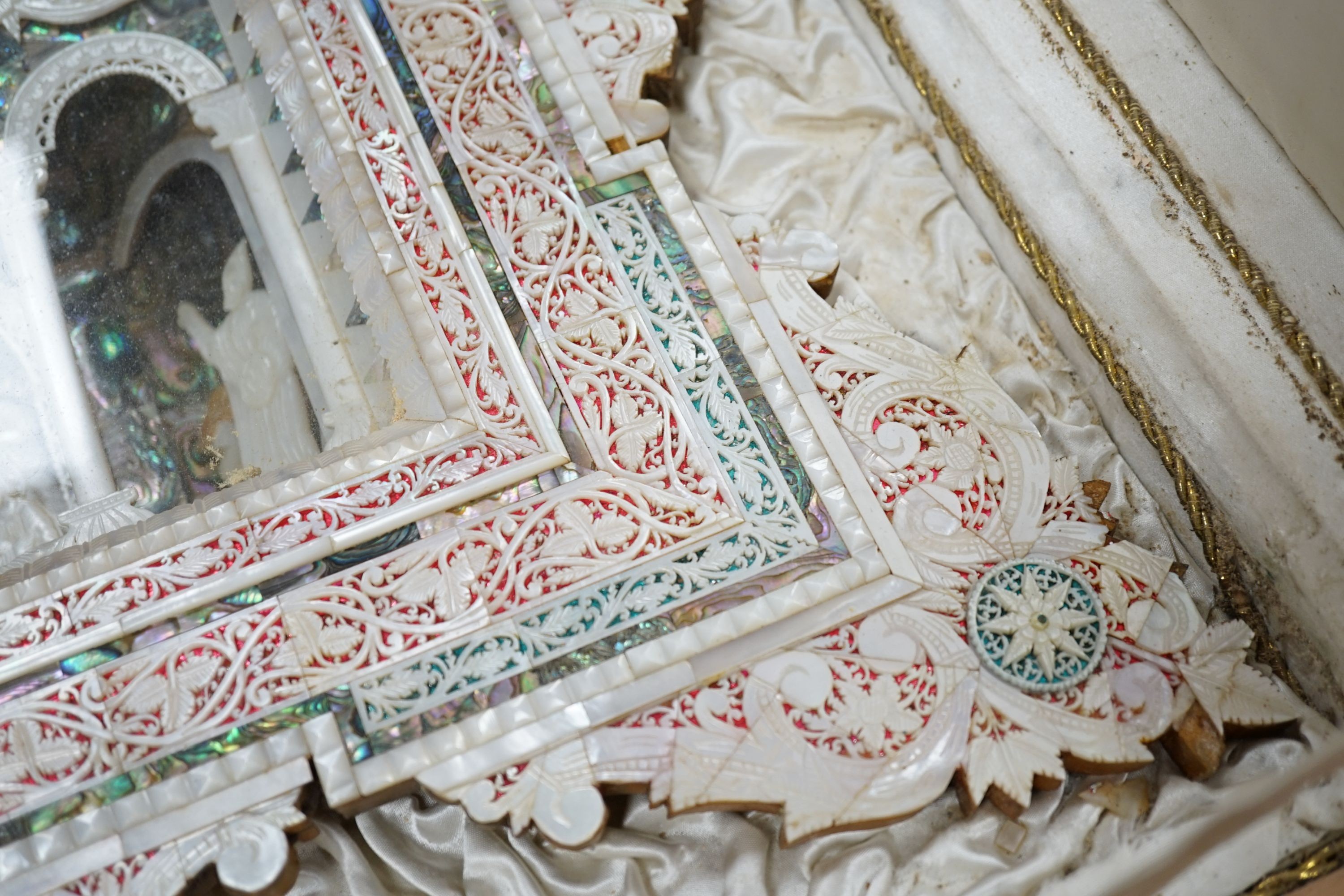 A mid 20th century mother-of-pearl and abalone easel shrine presented by the President of the Senate - Image 5 of 7