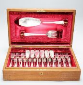 A cased set of plated engraved fish cutlery