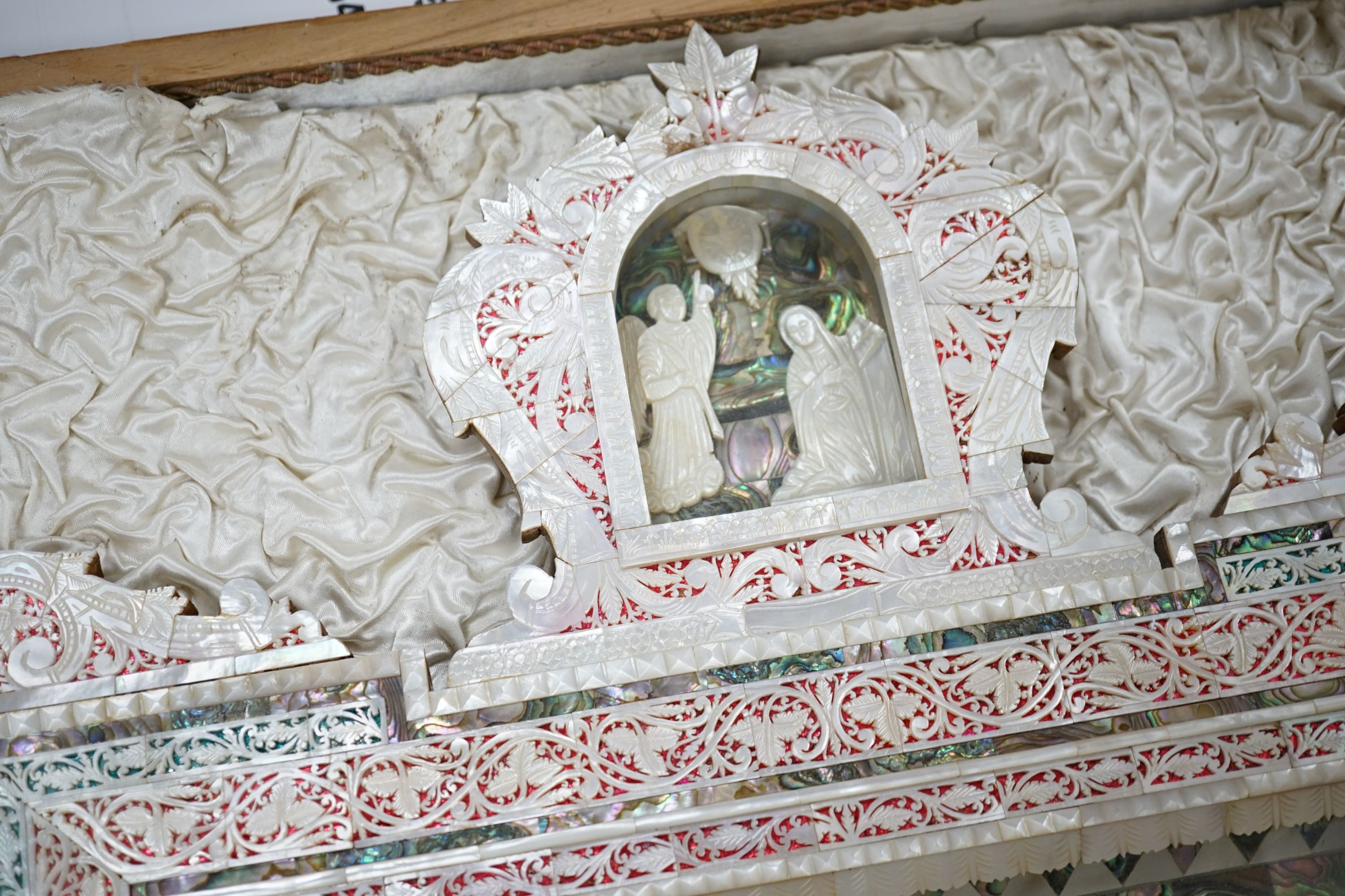 A mid 20th century mother-of-pearl and abalone easel shrine presented by the President of the Senate - Image 4 of 7