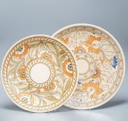 Two Charlotte Rhead Crown Ducal dishes, largest 37cm, one with artists signature