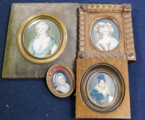 A group of four framed portrait miniatures, tallest 9cm