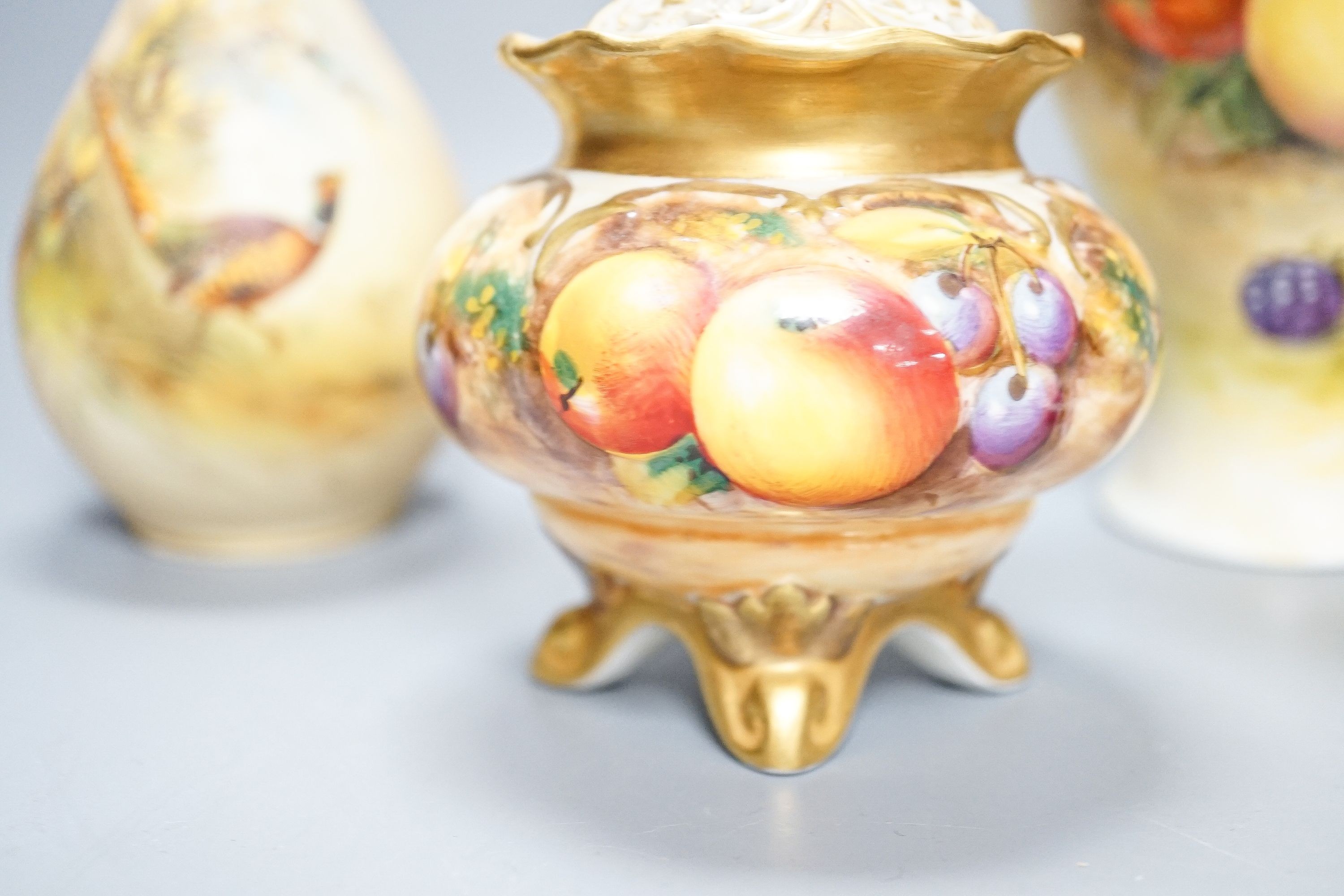 A Royal Worcester fruit painted small pot pourri and cover, 10.9cm high and a similar vase, 15cm, - Image 4 of 12