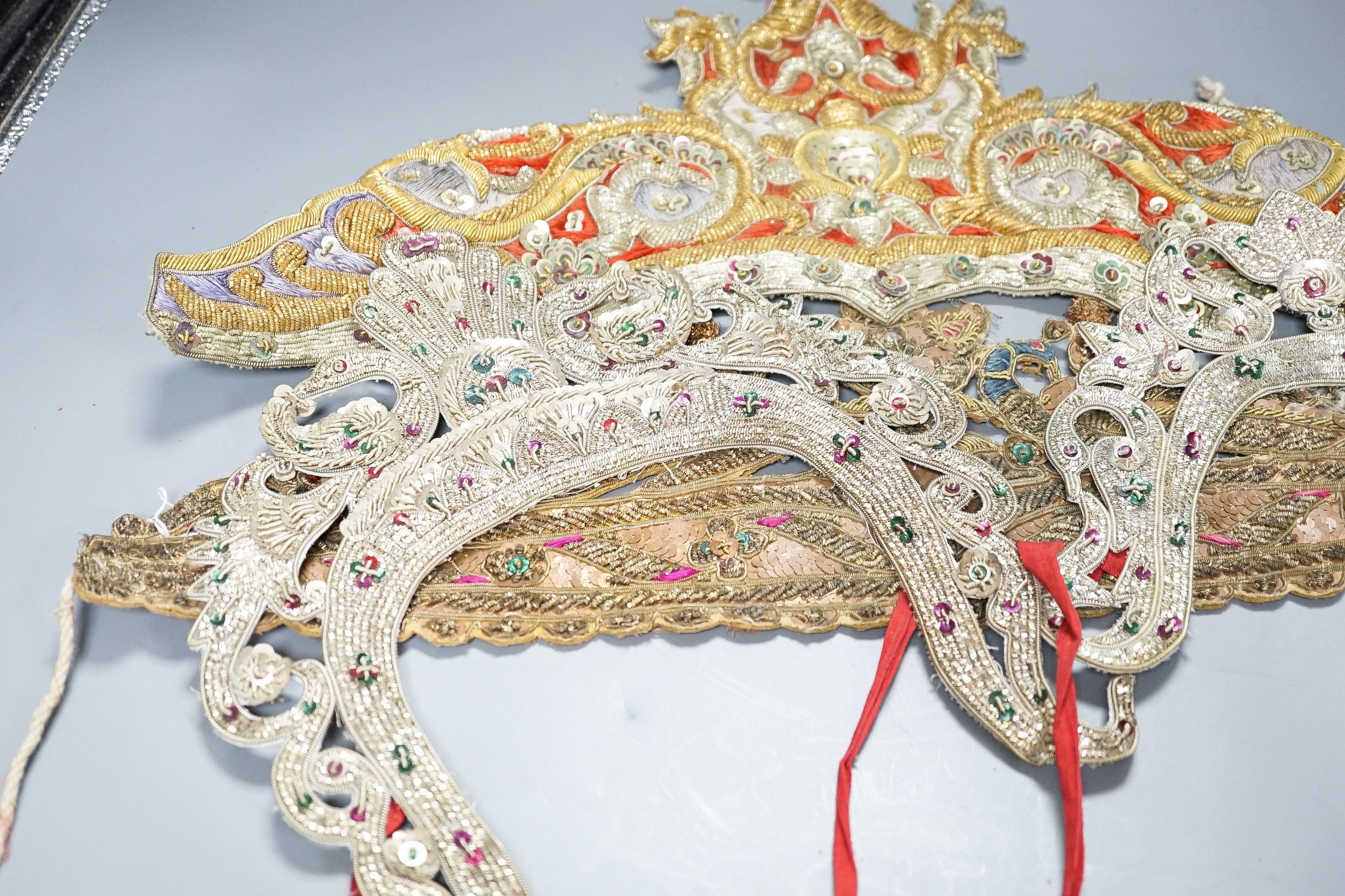 Highly ornate indian silver and gold thread headresses - Image 2 of 6