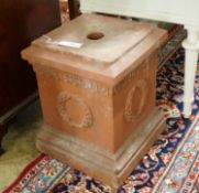 A square terracotta garden plinth, width 35cm, height 46cm