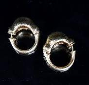 Ilias Lalaounis: a pair of planished yellow metal (stamped K22) ear rings, 30mm, 18 grams, signed.