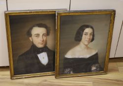 19th century Turkish School, pair of pastels, Portraits of a lady and gentleman, indistinctly signed