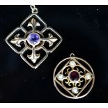 Two yellow metal and gem set pendants, including circular garnet and seed pearl set, 17mm, the