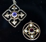 Two yellow metal and gem set pendants, including circular garnet and seed pearl set, 17mm, the