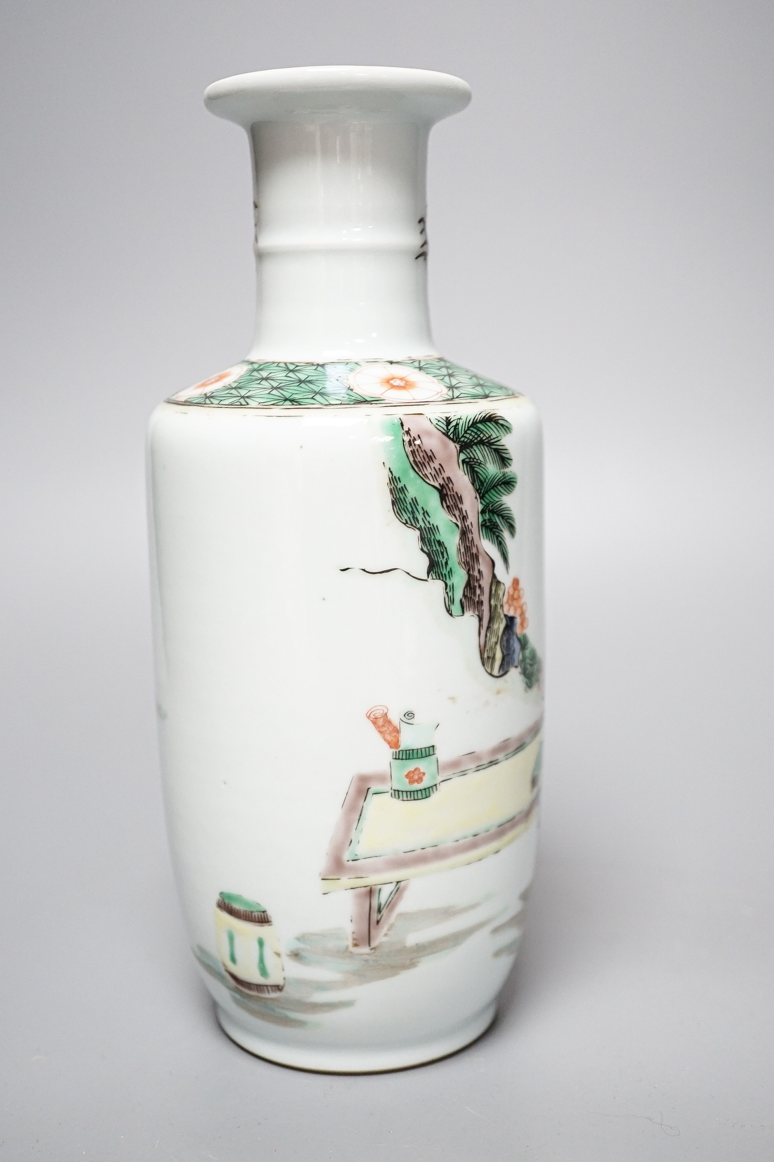 A Chinese famille verte rouleau vase, painted with figures in a garden, 22cm - Image 3 of 4