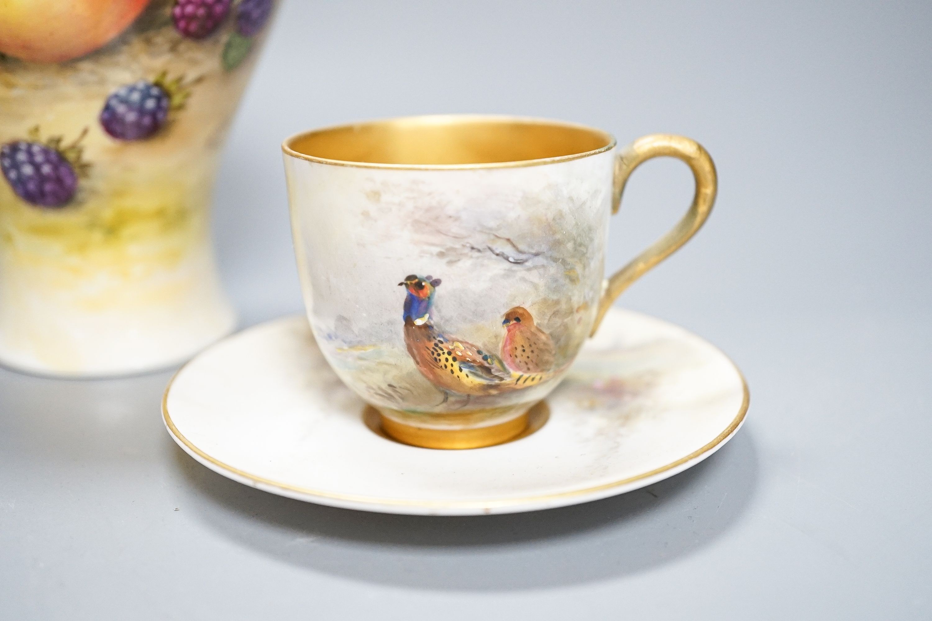 A Royal Worcester fruit painted small pot pourri and cover, 10.9cm high and a similar vase, 15cm, - Image 3 of 12