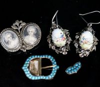 A pair of white metal, enamel and paste earrings, 34mm, a marcasite set double portrait brooch and a