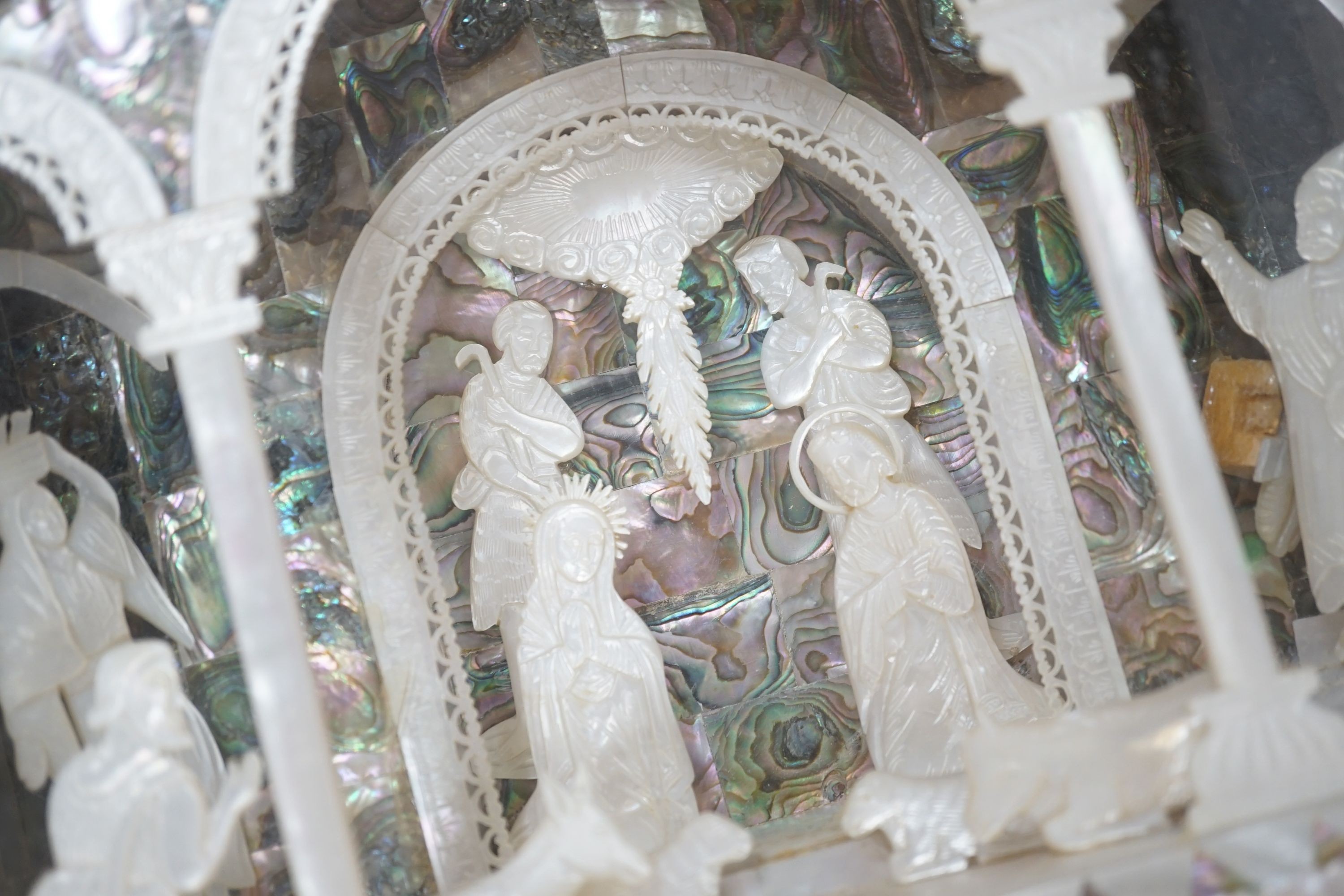 A mid 20th century mother-of-pearl and abalone easel shrine presented by the President of the Senate - Image 6 of 7