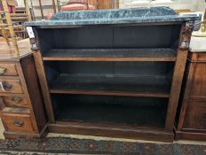 A Victorian rosewood dwarf open bookcase (replacement marble), width 110cm, depth 40cm, height