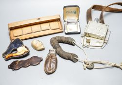 A group of Chinese Ming cash, a Bell Punch Company ticket dispenser, Meerschaum pipe etc
