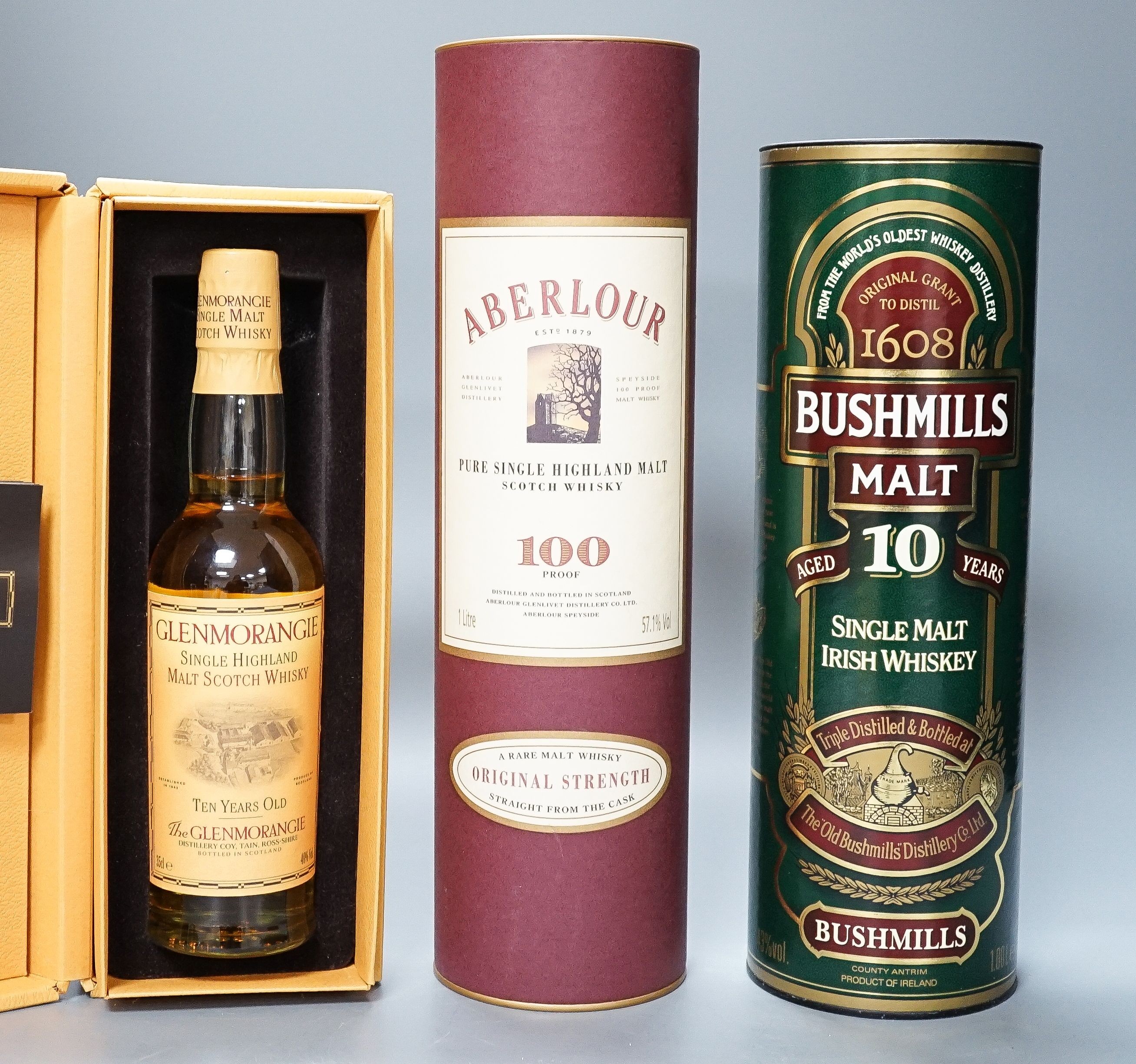 1 litre of 100 proof Abelour Scotch whisky, 1 litre of 10 year Bushmills Irish whiskey and a 35cl 10