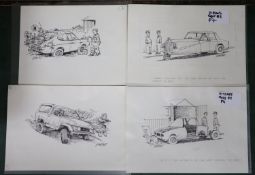 Martin Honeysett (b.1943-), four original cartoons, three wheeler Rolls Royce (Kitcars, Sept