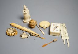 A group of 19th/early 20th century ivory carvings, a shibayama style box, framed miniatures etc