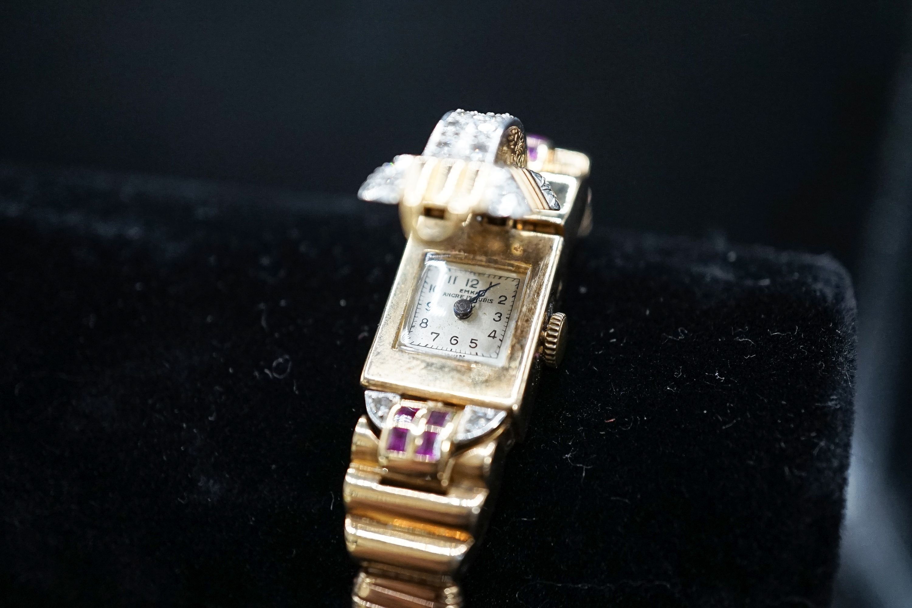 A 1950's 9ct gold, ruby and diamond set Emka manual wind cocktail watch, the dial with gem set - Image 5 of 6