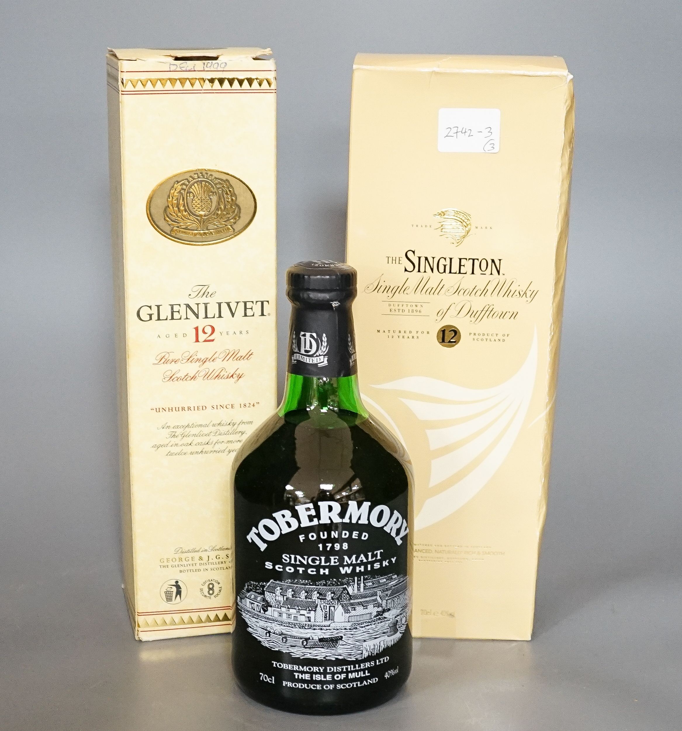 Three bottles of single malt whisky - The Singleton of Dufftown aged 12 years, Tobermory and The