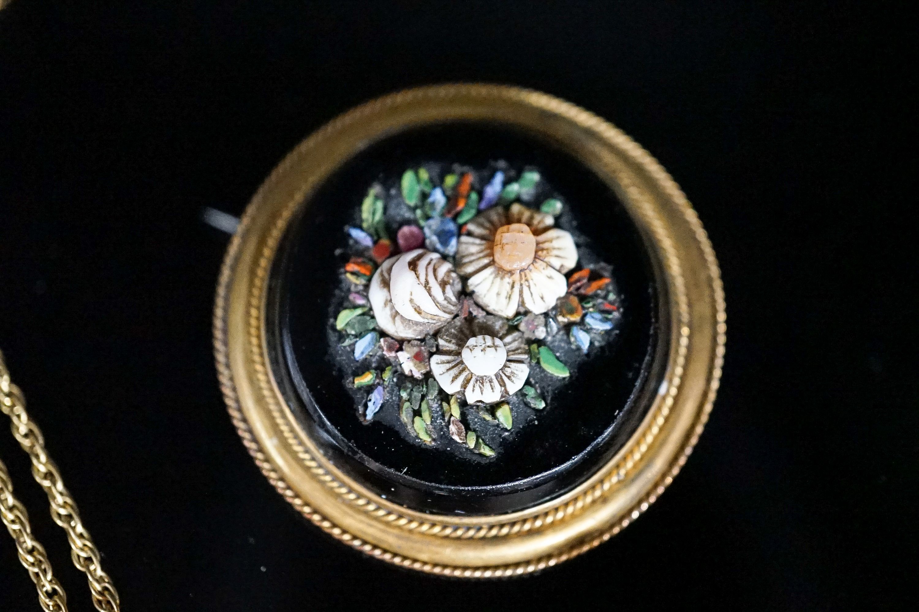 A Victorian yellow metal, black onyx and hardstone set circular brooch, 38mm, a yellow metal and - Image 5 of 6