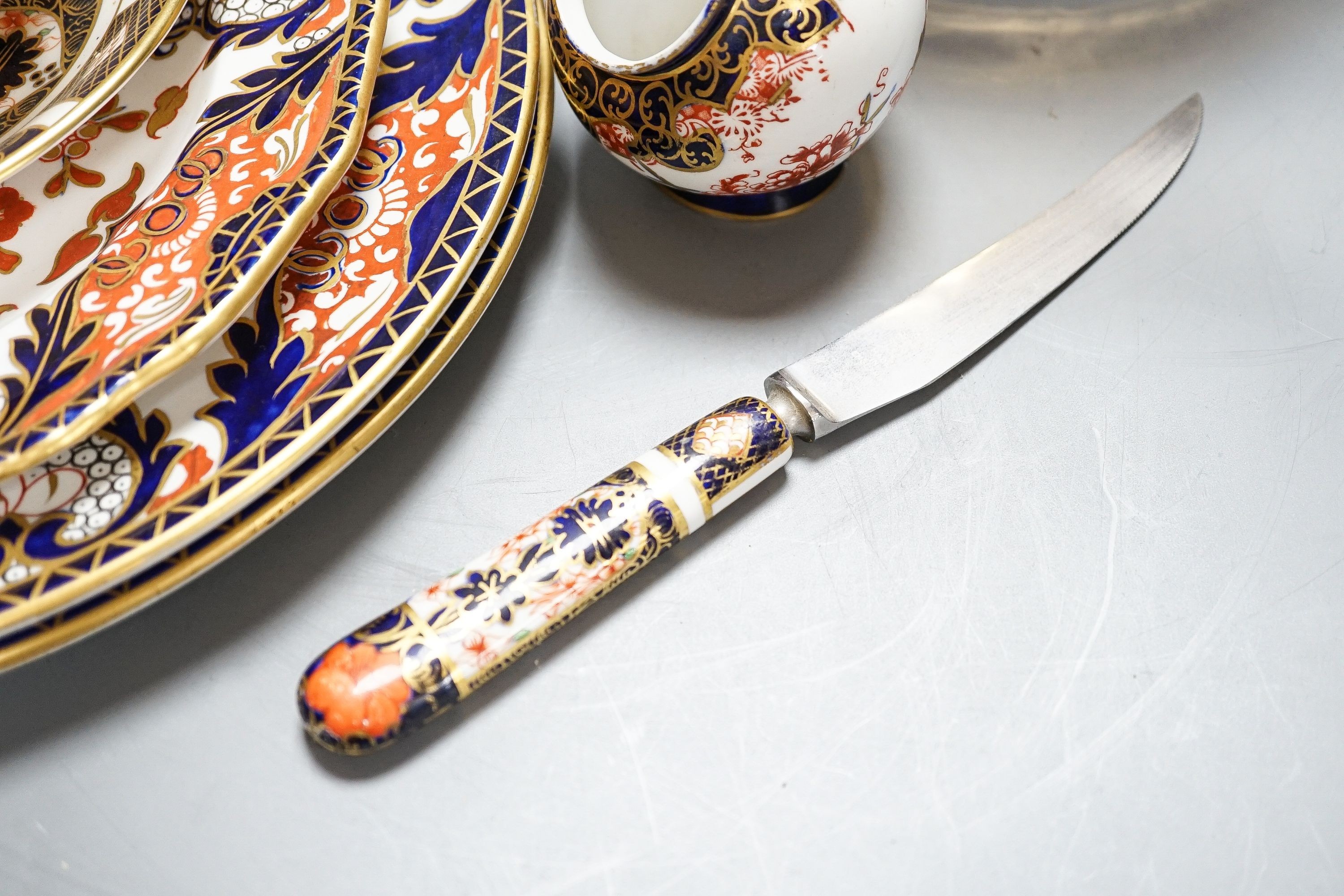 Royal Crown Derby tableware, including pair of dinner plates, 26cm, together with a pottery Imari - Image 6 of 6