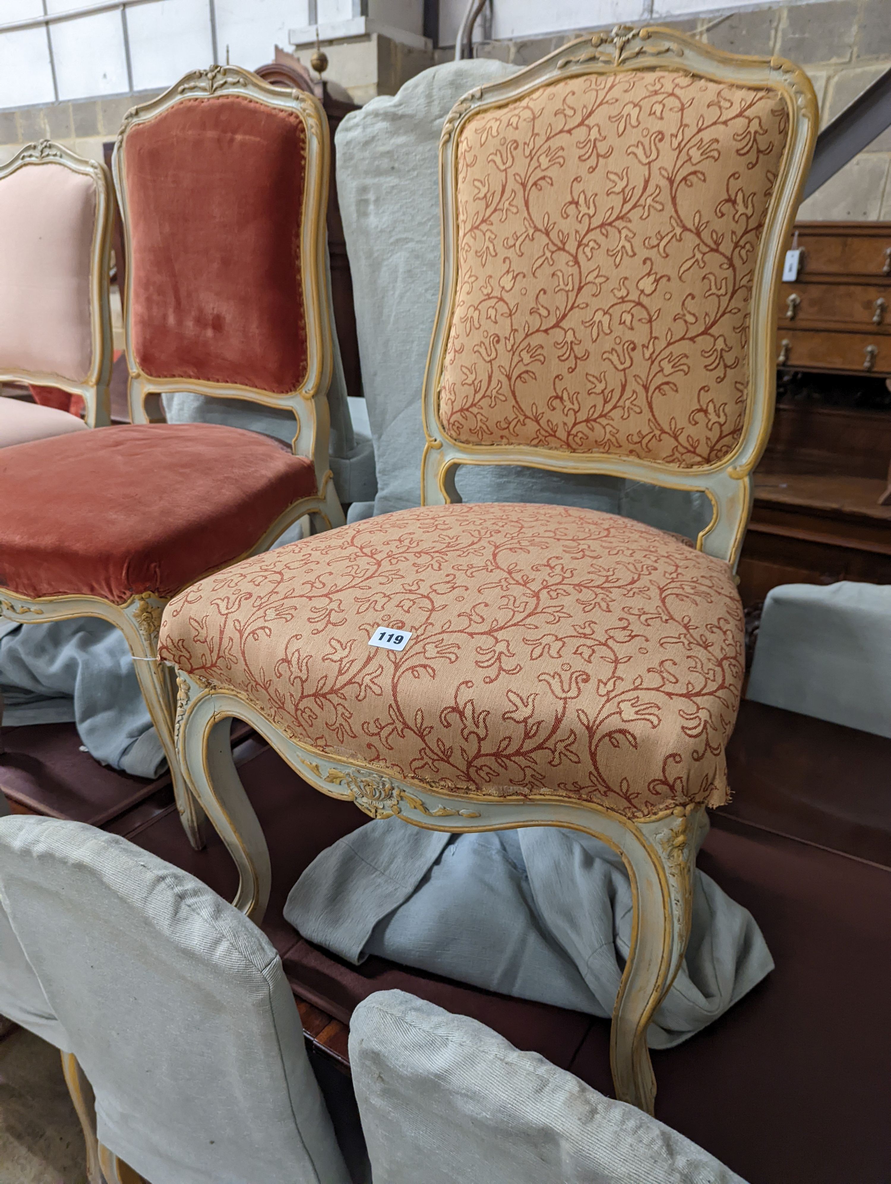 A set of fourteen French Louis XV style painted upholstered dining chairs with loose covers - Image 3 of 9