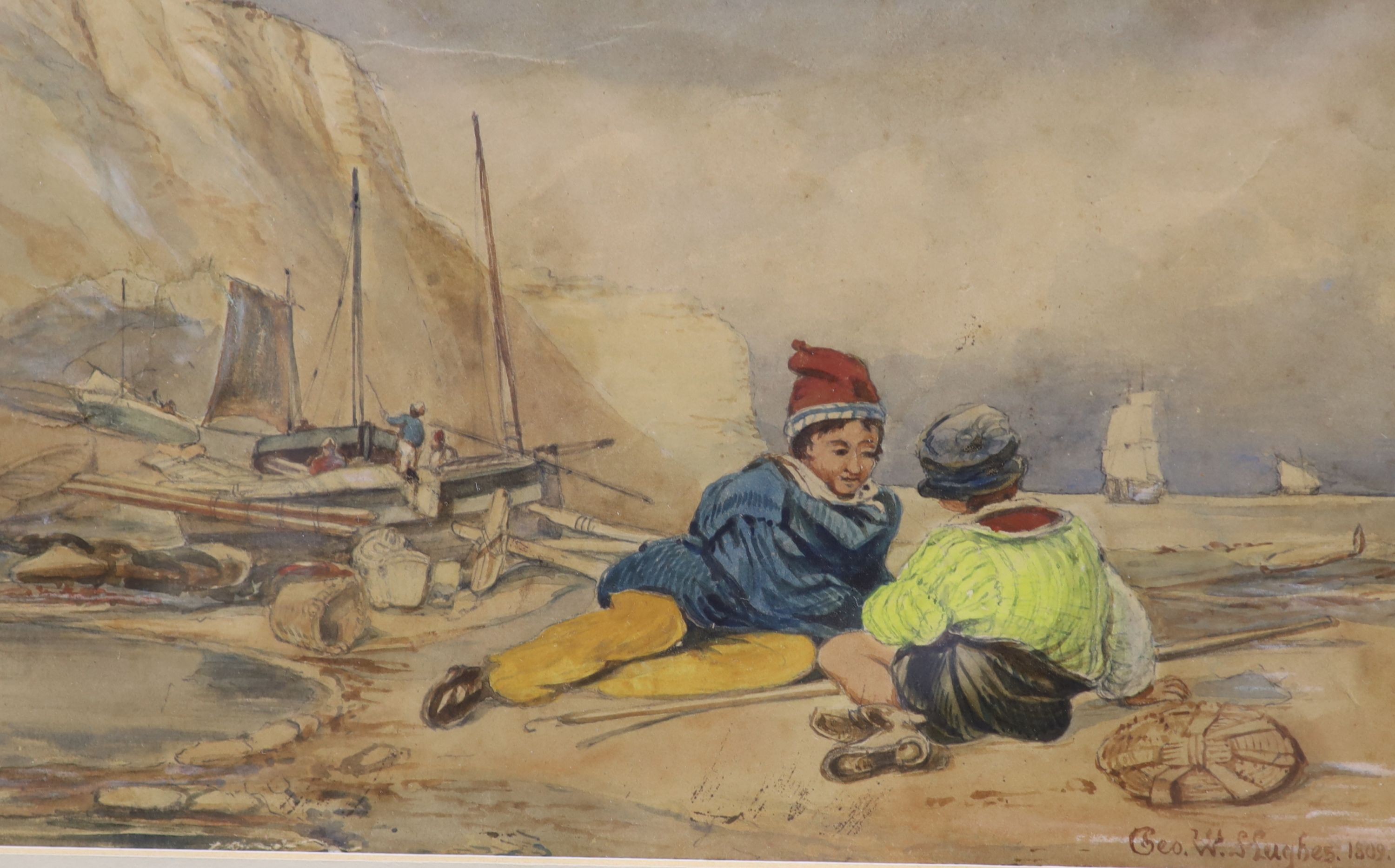 George W. Hughes (fl.1813-58), watercolour, Fisherboys on the shore, signed and dated 1809, 15 x