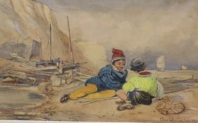 George W. Hughes (fl.1813-58), watercolour, Fisherboys on the shore, signed and dated 1809, 15 x