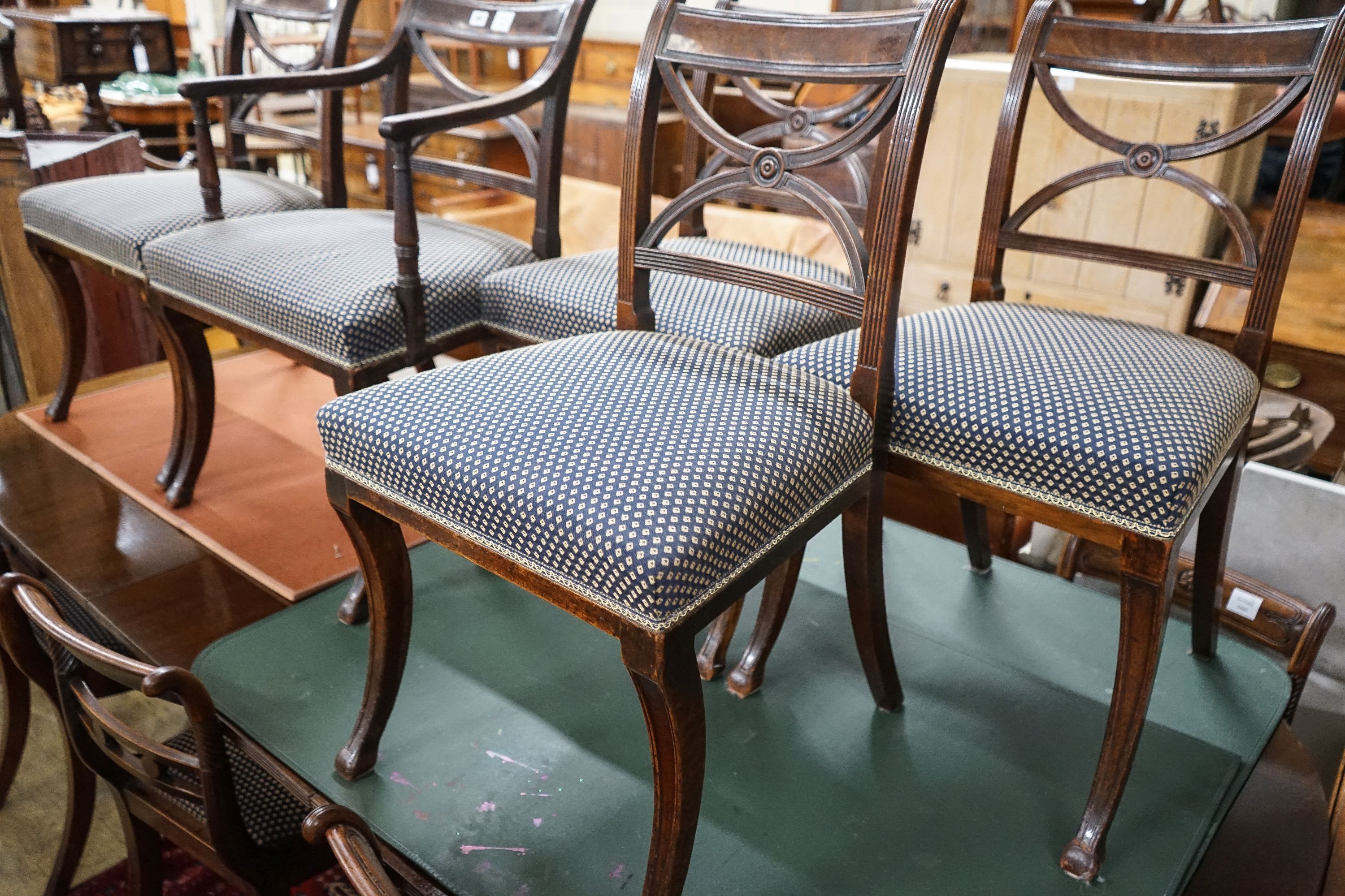 A set of five Regency mahogany dining chairs, (one with arms, four single) - Image 2 of 4