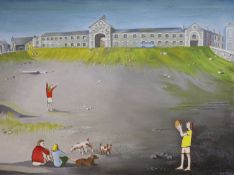 Mary Adshead (1904-1995), oil on canvas, Children playing before a barracks, signed, 76 x 101cm