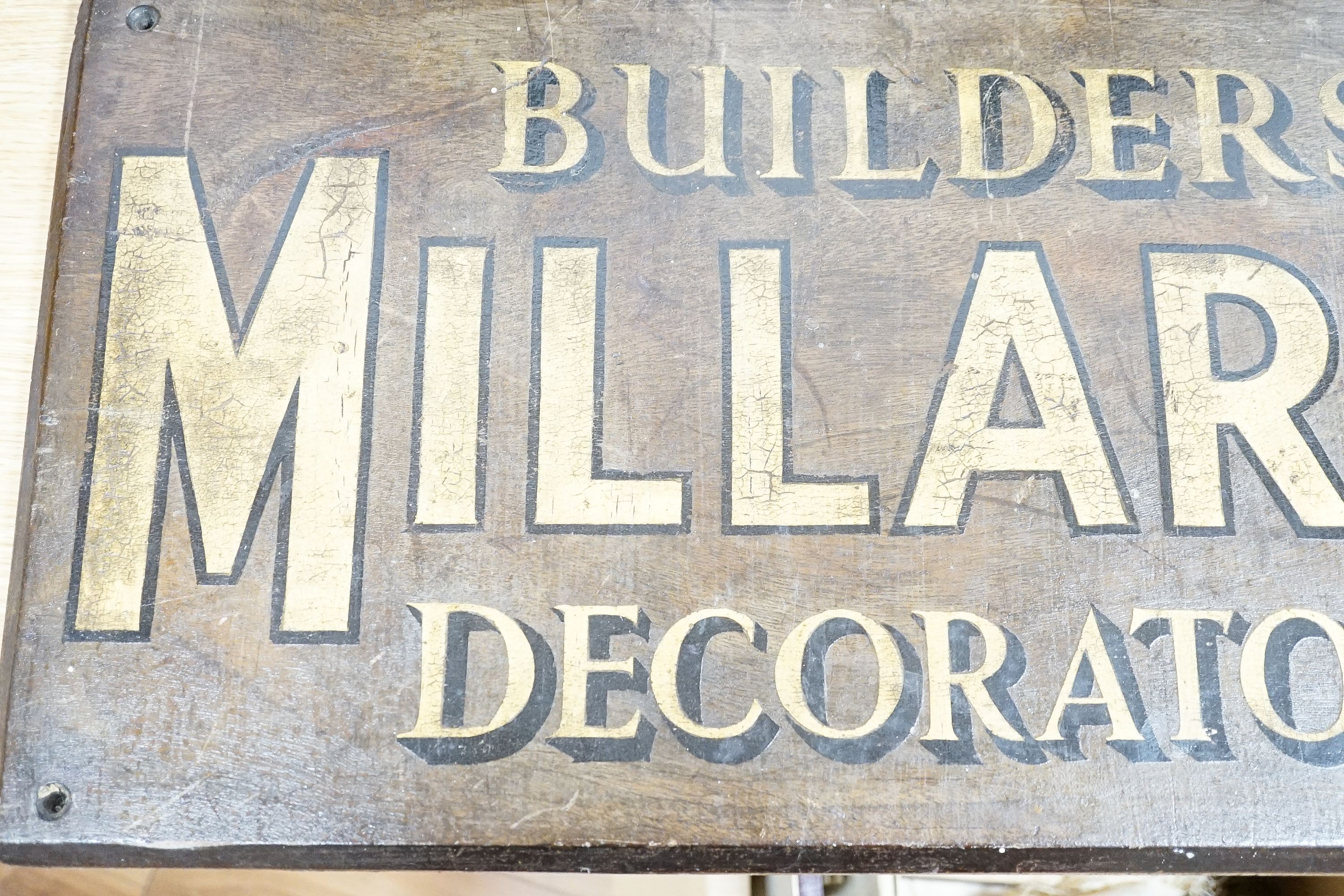 A painted wood advertising sign ‘MILLARDS BUILDERS DECORATORS’, pre war 33x67cm - Image 2 of 4