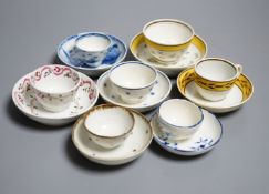 Six pearlware miniature tea bowls and saucers, c.1790-1800 and a similar cup and saucer, c.1810.