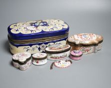 A group of five English and Continental enamel and porcelain patch and other boxes and two spirit